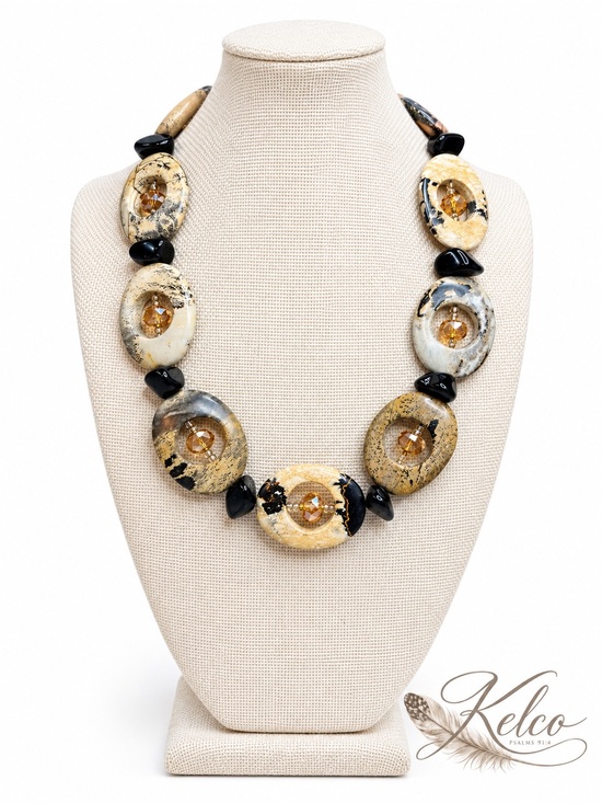 Kelco Jewelry - Picture Jasper, Black Onyx & Champagne Crystal Statement Collar Necklace | 16–20